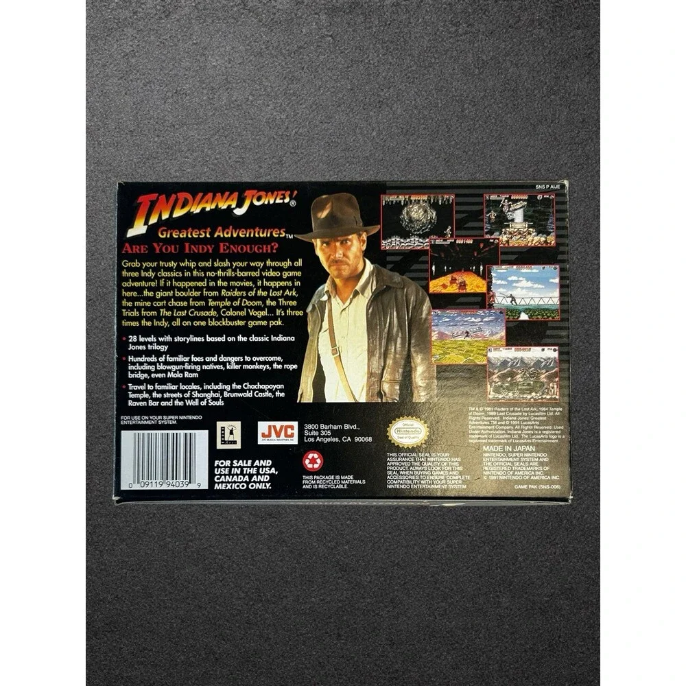 Indiana Jones Greatest Adventures SNES Super Nintendo Game Box & Manual